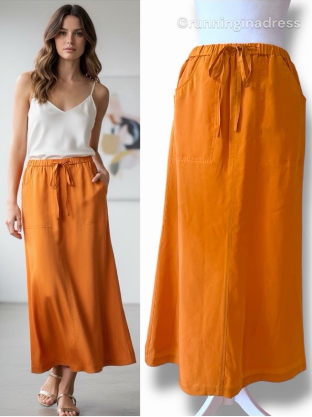 NWT Vintage Terry Lewis 100% Silk Maxi Skirt Orange Y2K Cargo Pocket Small